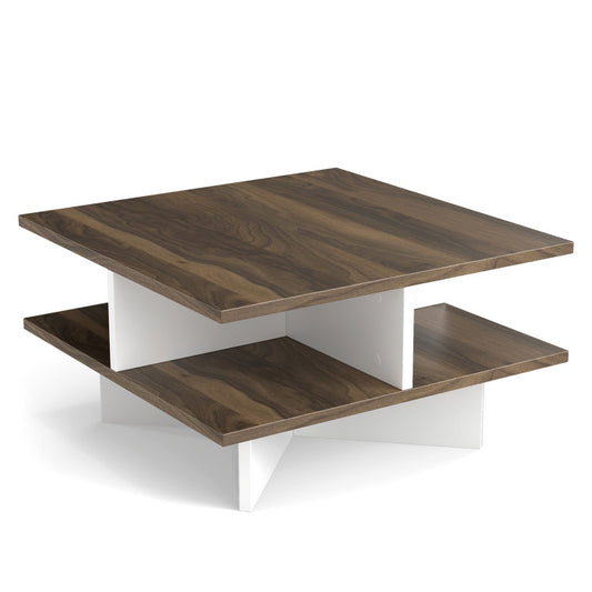 2-Tier Square Coffee Table with 4 Storage Compartments