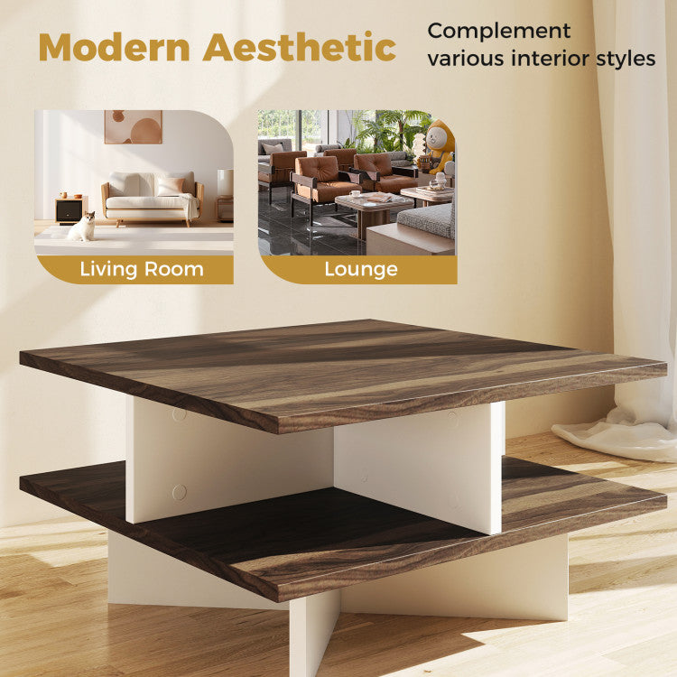 2-Tier Square Coffee Table with 4 Storage Compartments