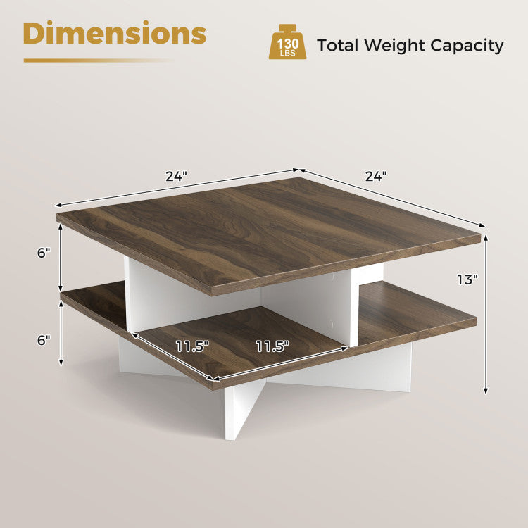 2-Tier Square Coffee Table with 4 Storage Compartments