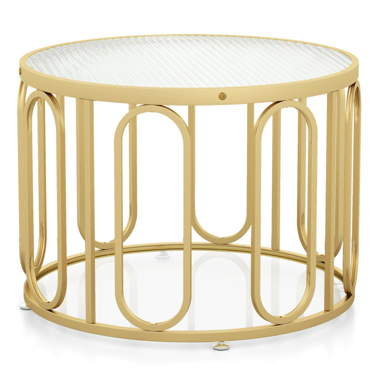 24 Inch Round Coffee Table with Reeded Tempered Glass Top and Oval Swivel Brackets