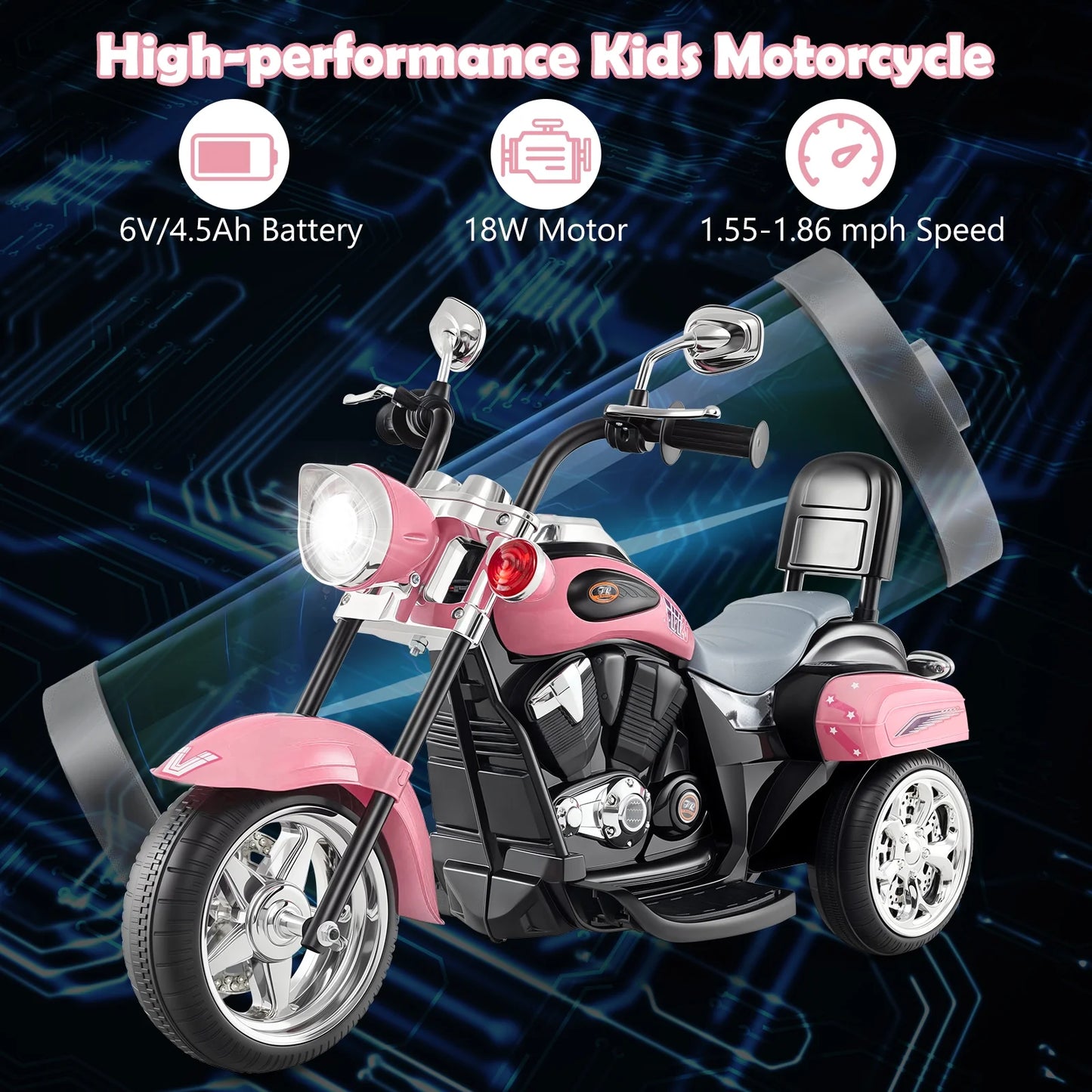 Costway 6V Kids Ride on Chopper Motorcycle 3 Wheel Trike with Headlight and Horn Racing Pink