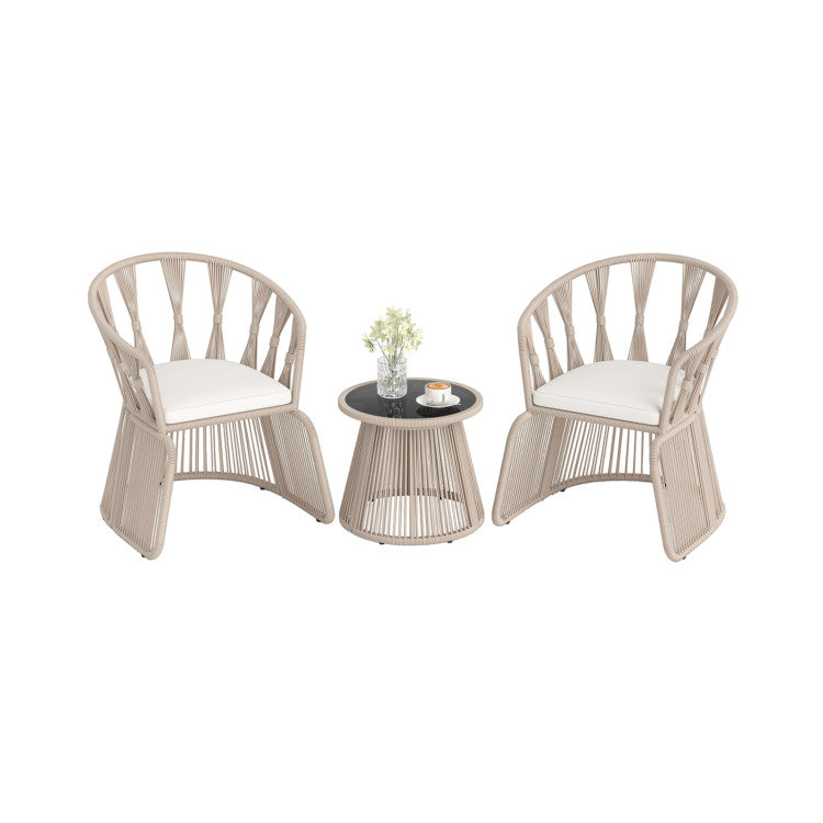 3 Pieces Patio Leisure Chair Set with Rope-Woven Armchairs and Seat Cushions
