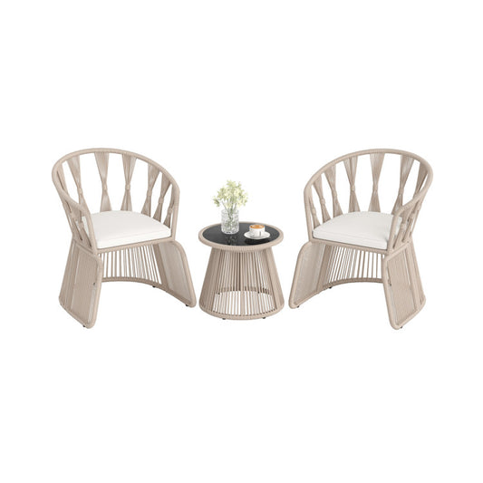 3 Pieces Patio Leisure Chair Set with Rope-Woven Armchairs and Seat Cushions