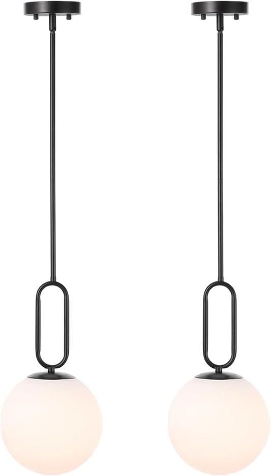 Modern Black Globe Pendant Light Milky White Globe Glass Shade 2 Pack Adjustable
