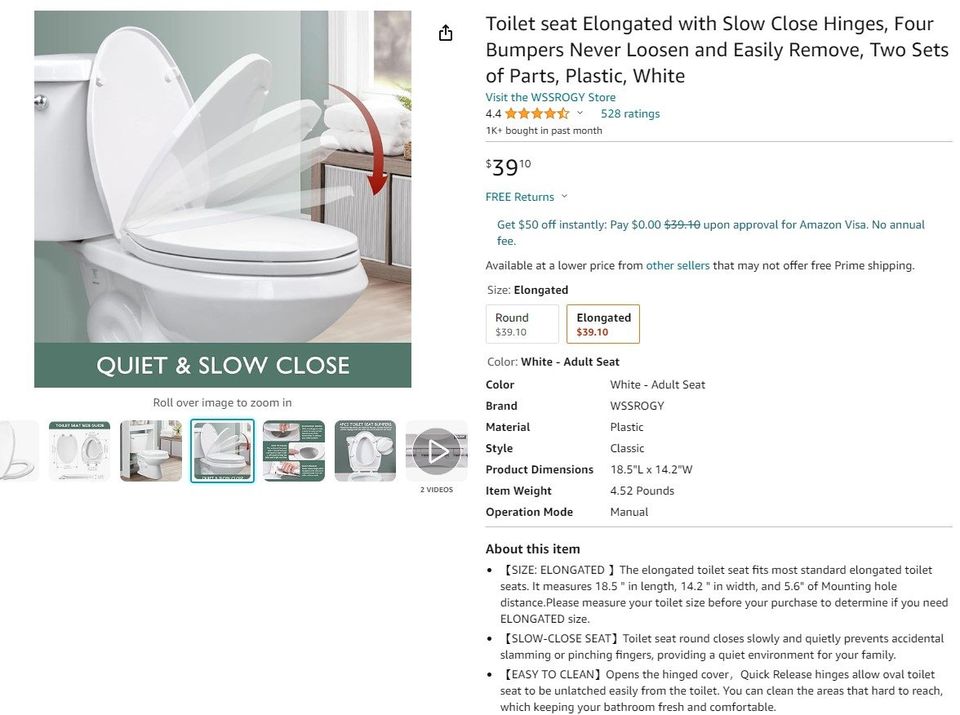 Toilet seat Elongated with Slow Close Hinges, Four Bumpers Never Loosen and Easily Remove