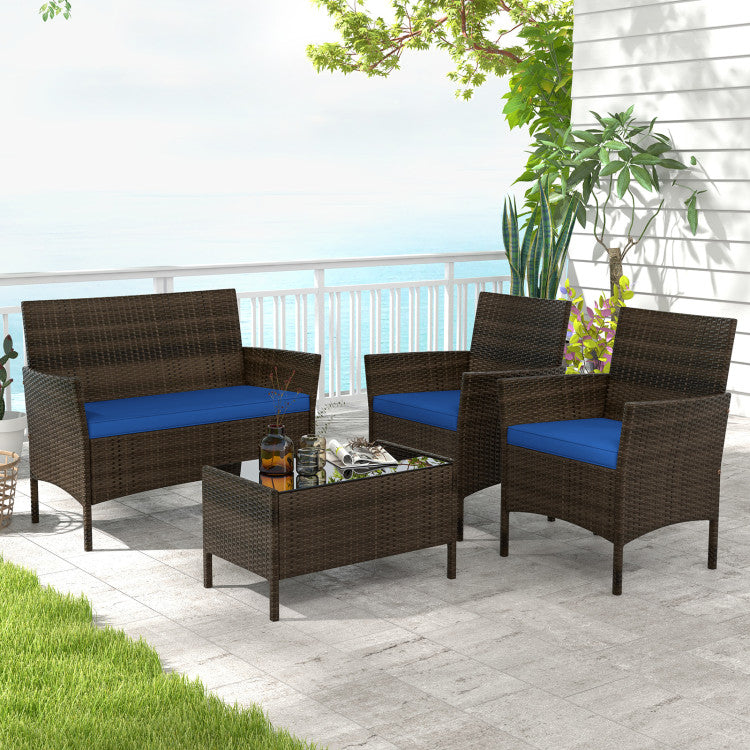 4 Piece Patio Rattan Conversation Set with Cozy Seat Cushions