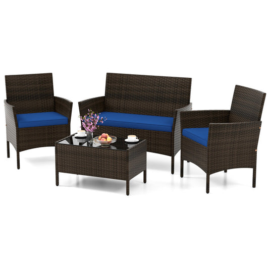 4 Piece Patio Rattan Conversation Set with Cozy Seat Cushions