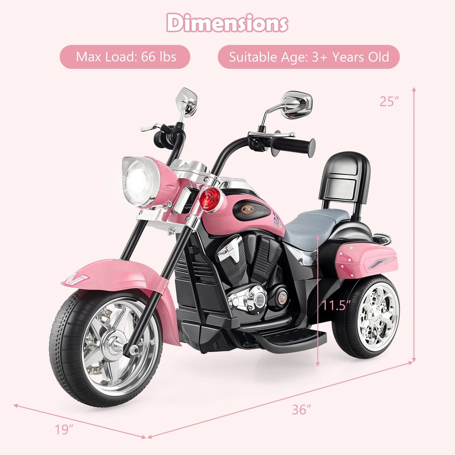 Costway 6V Kids Ride on Chopper Motorcycle 3 Wheel Trike with Headlight and Horn Racing Pink