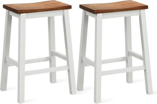 COSTWAY 24.5 Inch Bar Stools Set of 2, Solid Wood Saddle Stools w/Footrests