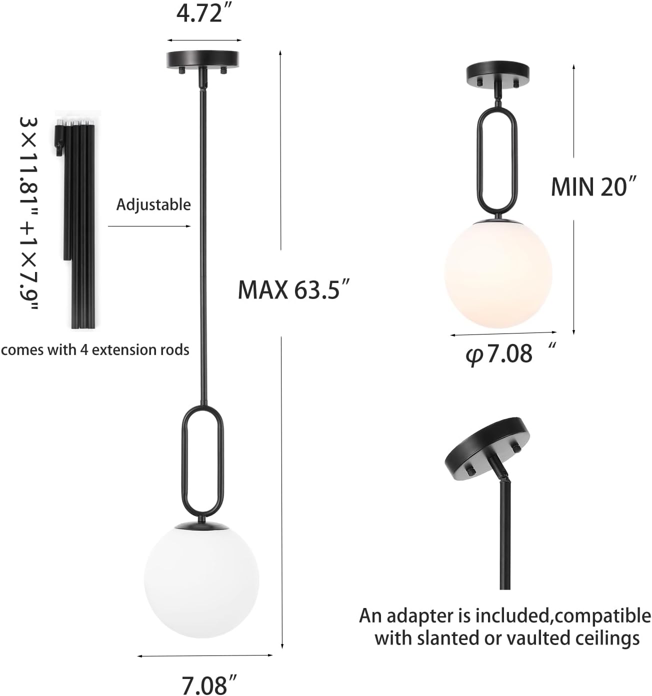 Modern Black Globe Pendant Light Milky White Globe Glass Shade 2 Pack Adjustable