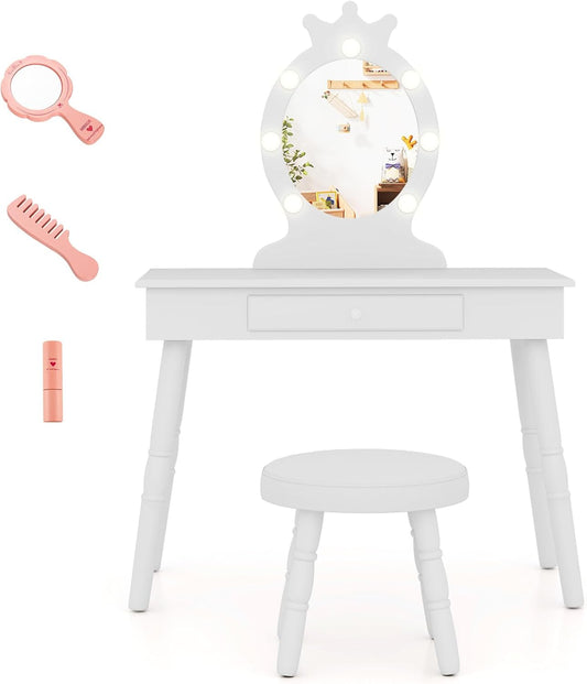 2-in-1 Kids Makeup Vanity, Girls Vanity w/Lights, Stool, Mirror & Drawer, Costway