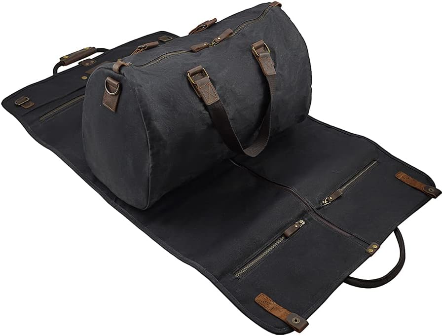 2 in 1 Canvas Leather Suit Luggage Garment Bag with Shoulder Strap for Travel (Waxed Black)
