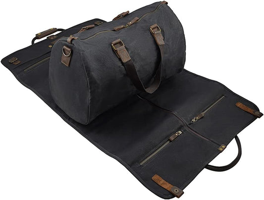 2 in 1 Canvas Leather Suit Luggage Garment Bag with Shoulder Strap for Travel (Waxed Black)