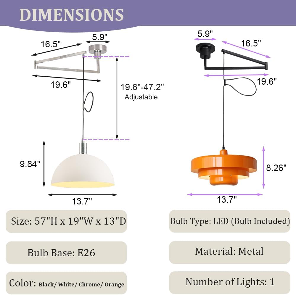 Meefad Adjustable Hanging Light Fixtures, Modern Swing Arm Pendant Light