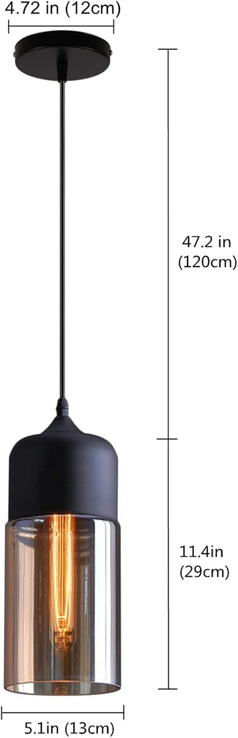 Glass Pendant Light, Black Modern Hanging Lamp with Amber Cylinder Shade