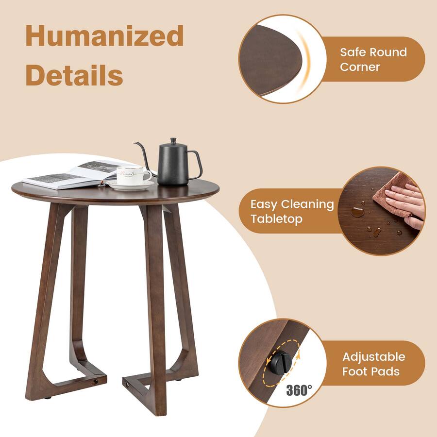 Costway - 24" Round Side Table Solid Rubber Wood End Table