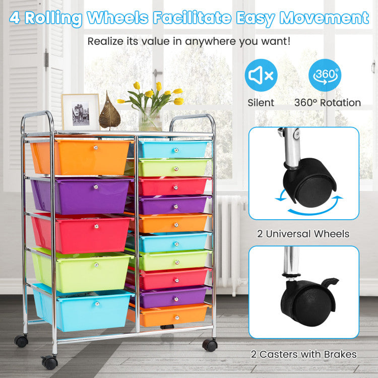 15-Drawer Utility Rolling Cart with Drawers Multi-Use Storage