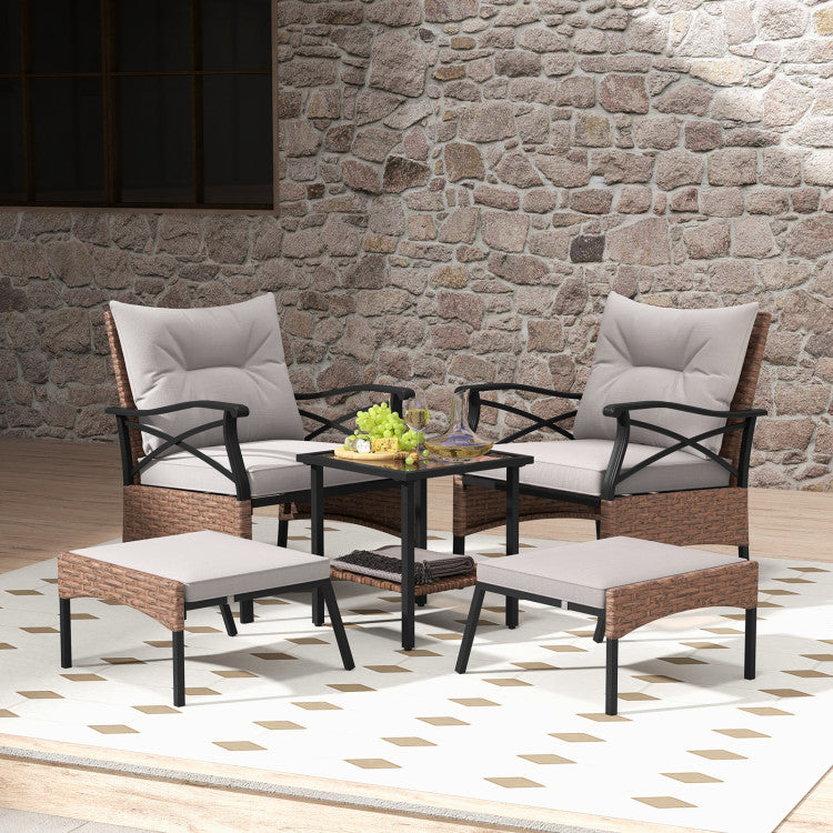 5 Pieces Wicker Patio Furniture Set Ottomans and Cushions and 2-Tier Tempered Glass Side Table