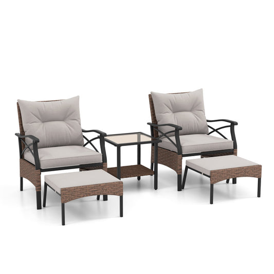 5 Pieces Wicker Patio Furniture Set Ottomans and Cushions and 2-Tier Tempered Glass Side Table