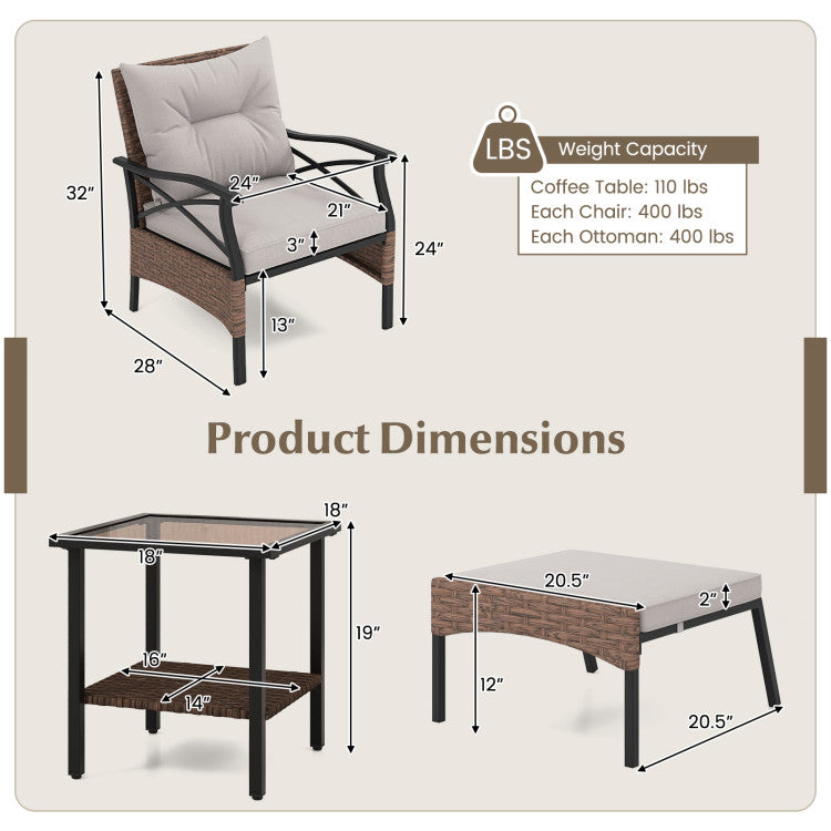 5 Pieces Wicker Patio Furniture Set Ottomans and Cushions and 2-Tier Tempered Glass Side Table