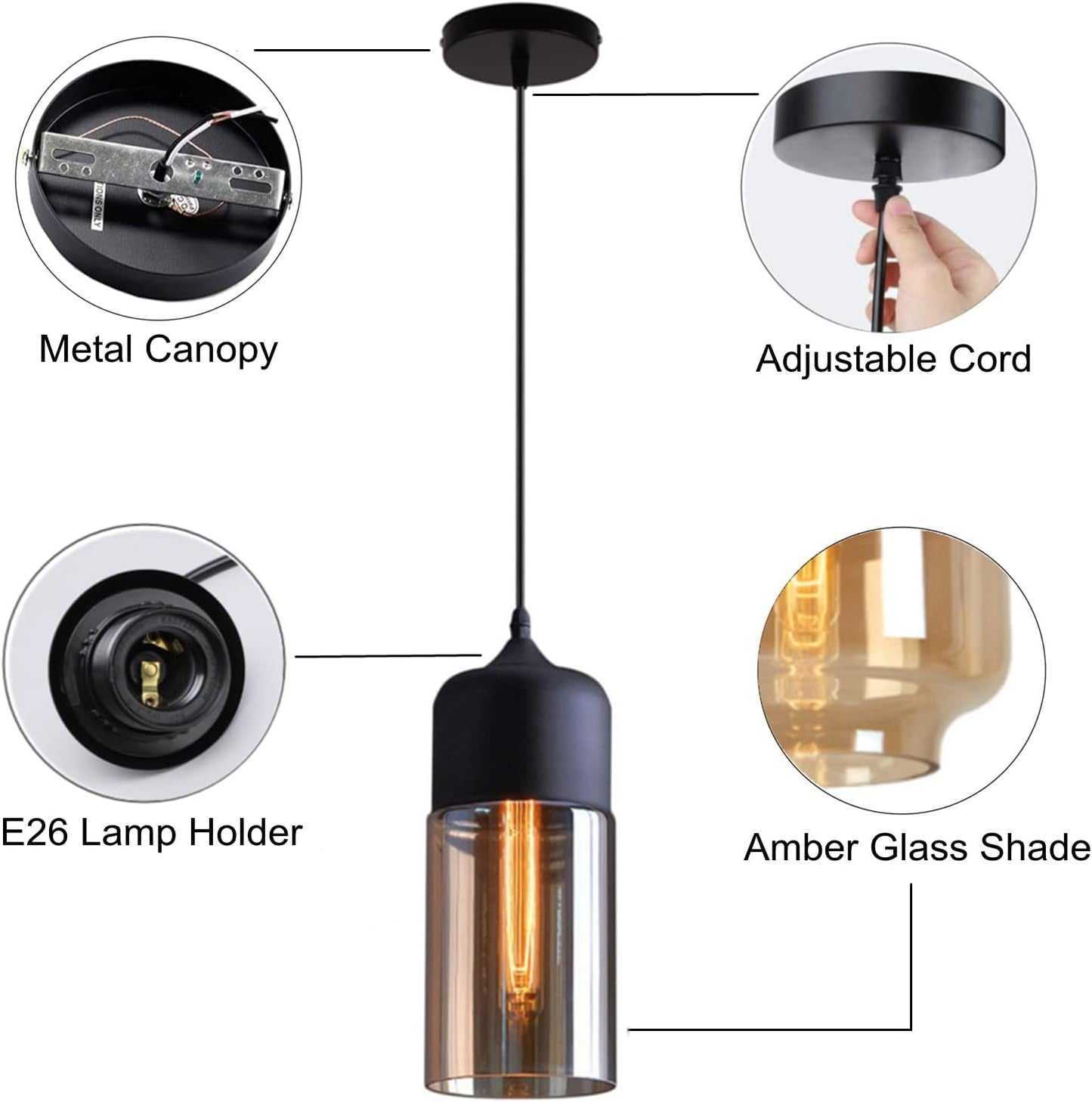 Glass Pendant Light, Black Modern Hanging Lamp with Amber Cylinder Shade