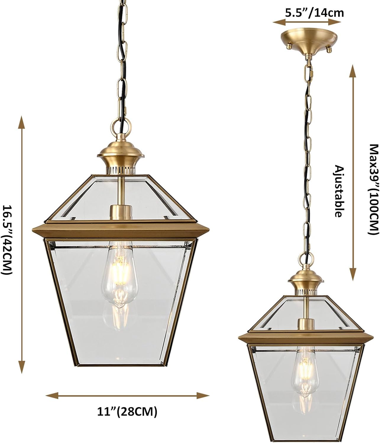 Milaii Copper Brass Outdoor Pendant Light, 16.5" H Large Lantern Hanging Light