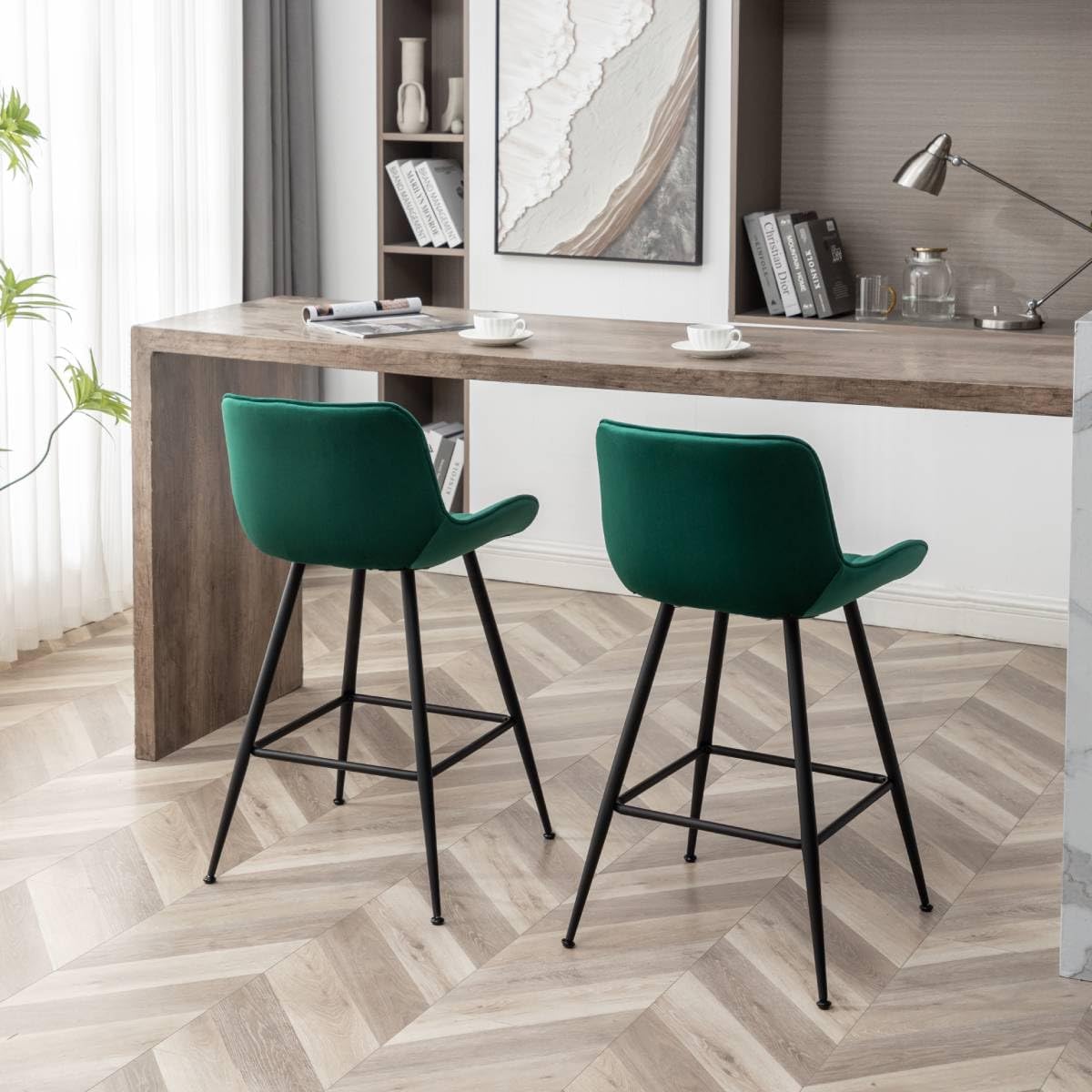 24 Inches Velvet Upholstered Island Stools, Bartools Set of 2, Fabric Counter Stools with Back