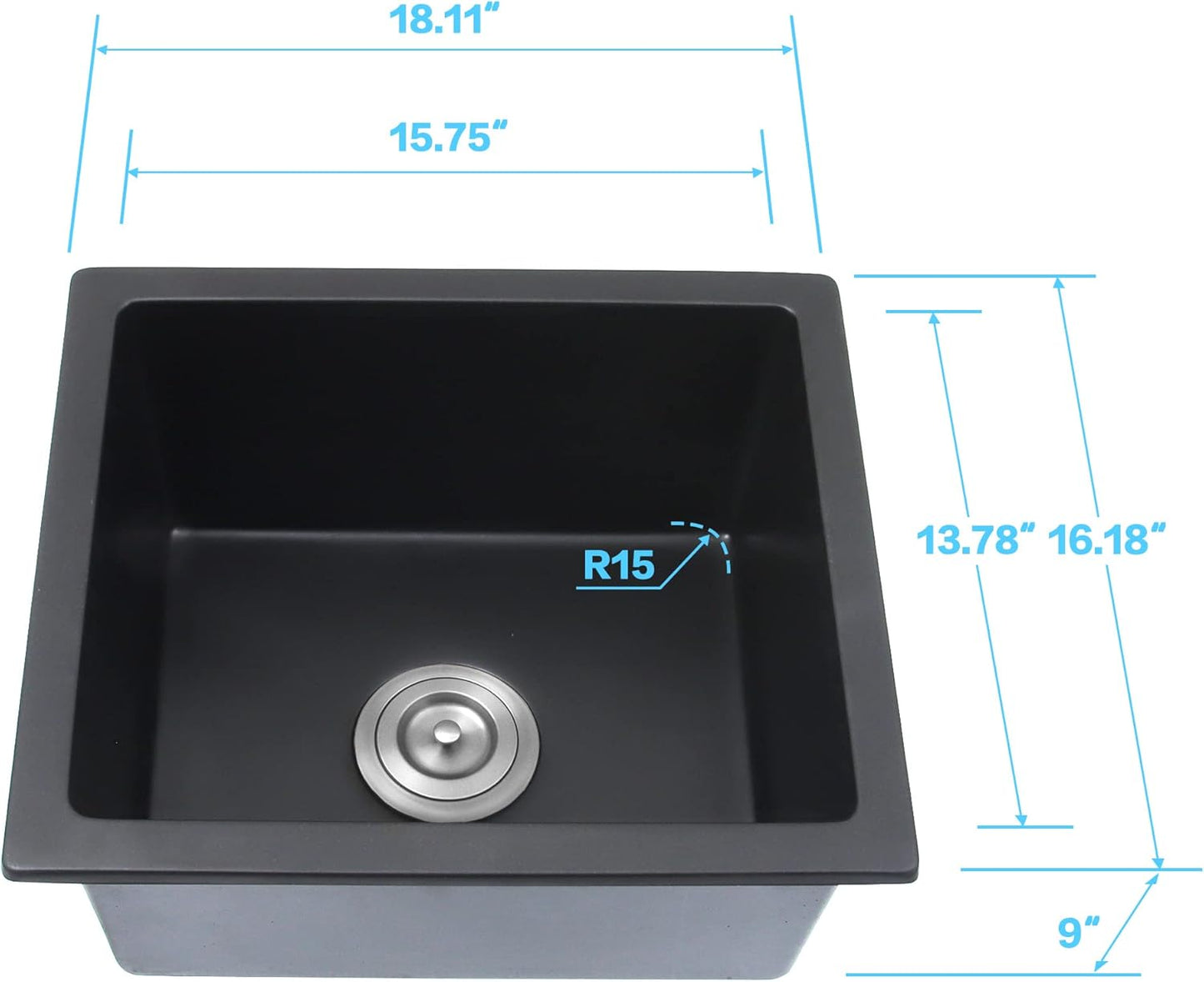 Black Bar Sink Undermount,16 X 18 inch Small Composite Bar Sink