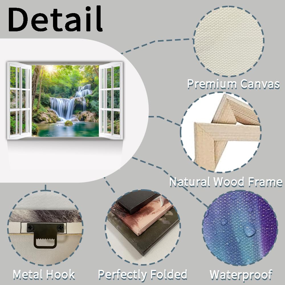 ZHOUWALLPIC Window View Waterfall Canvas Wall Art Nature Waterfall Landscape Paintings