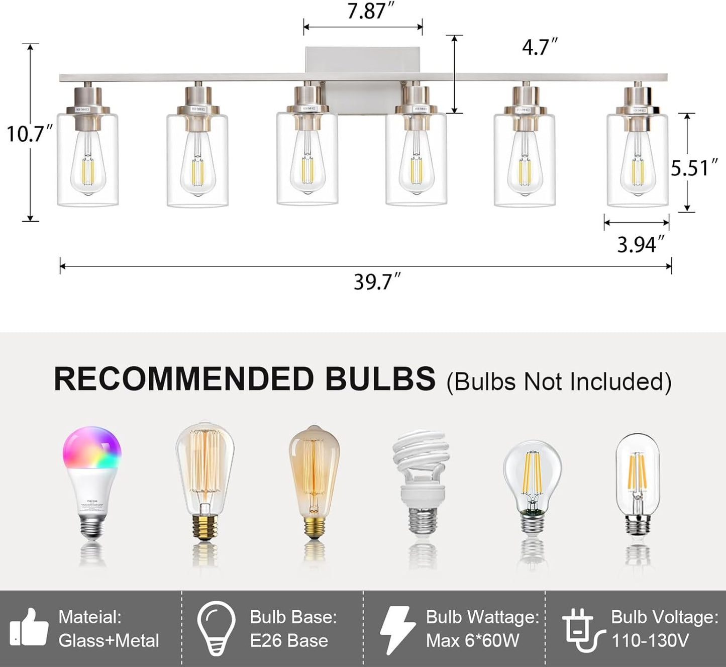 6 Light Bathroom Light Fixtures Brushed Nickel Vanity Light Over Mirror Modern Farmhouse