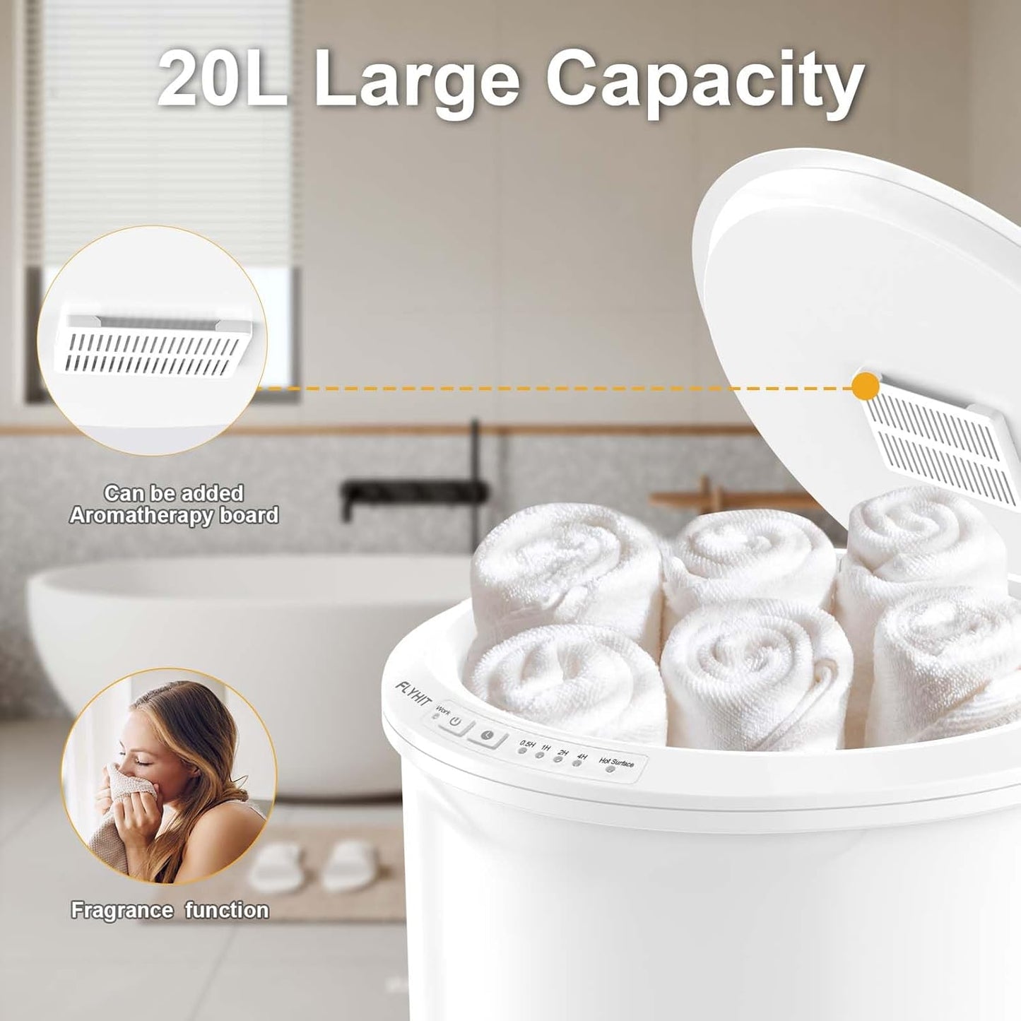 Large Towel Warmer for Bathroom - Heated Towel Warmers Bucket, Wood Handle, Auto Shut Off