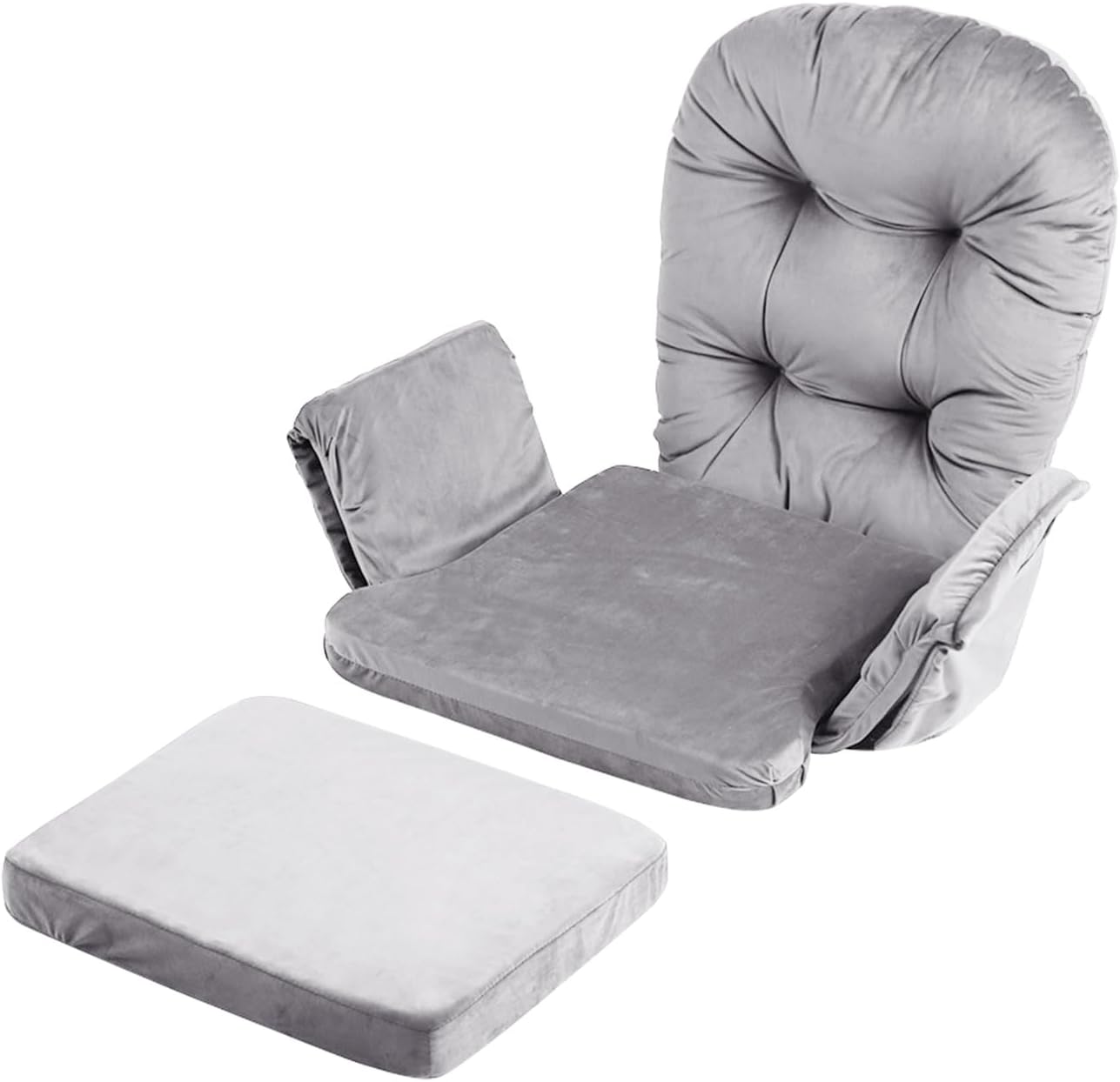 A set of gray velvet glider rocker cushions designed to fit around a chair, including backrest, seat, and armrest cushions.