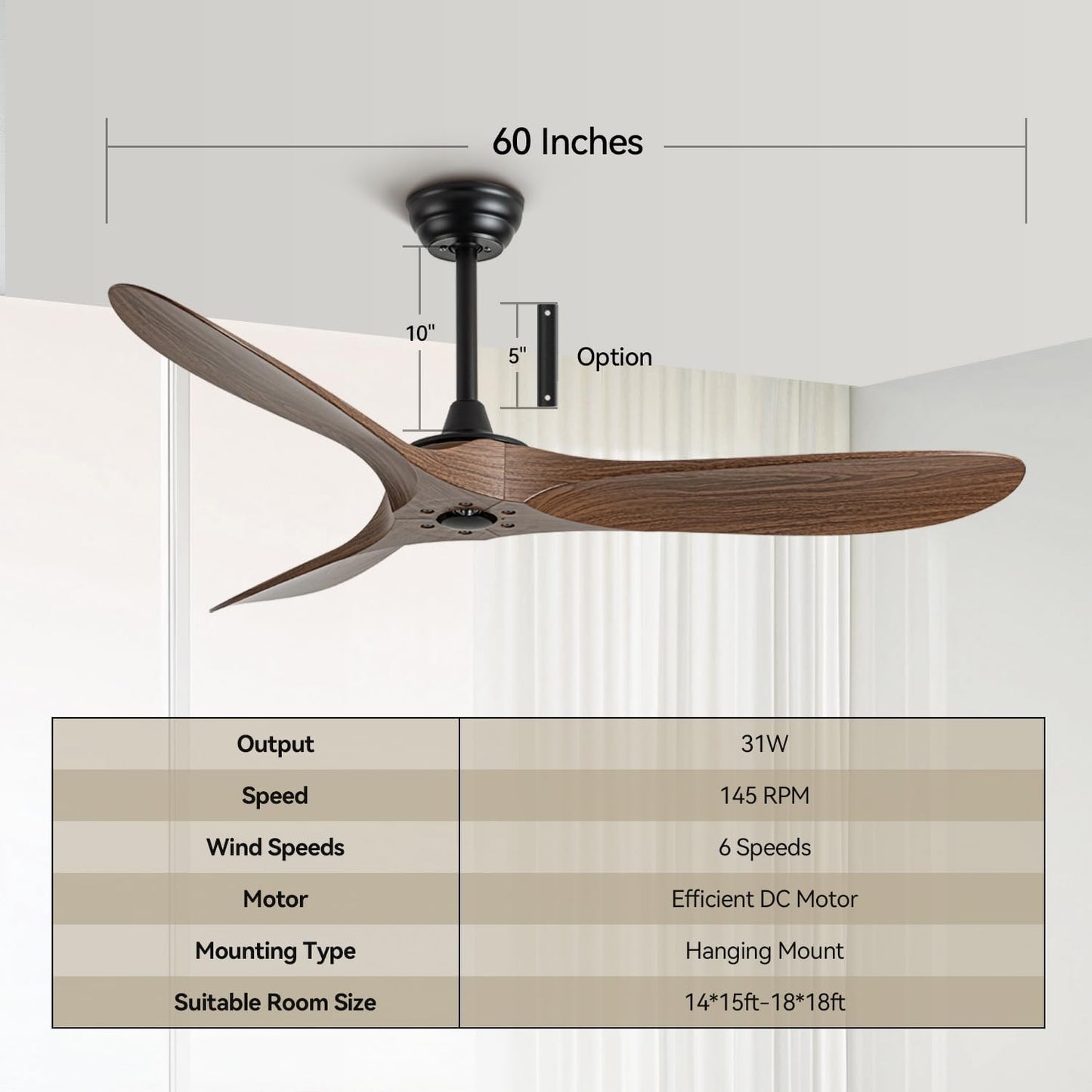 60 Inch Ceiling Fan with Remote Control, Reversible DC Motor, Noiseless, Energy-Efficient