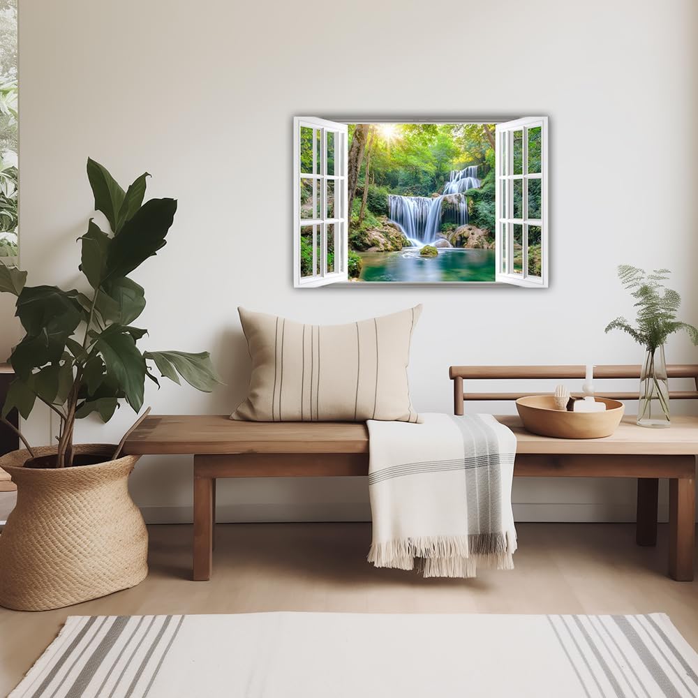 ZHOUWALLPIC Window View Waterfall Canvas Wall Art Nature Waterfall Landscape Paintings