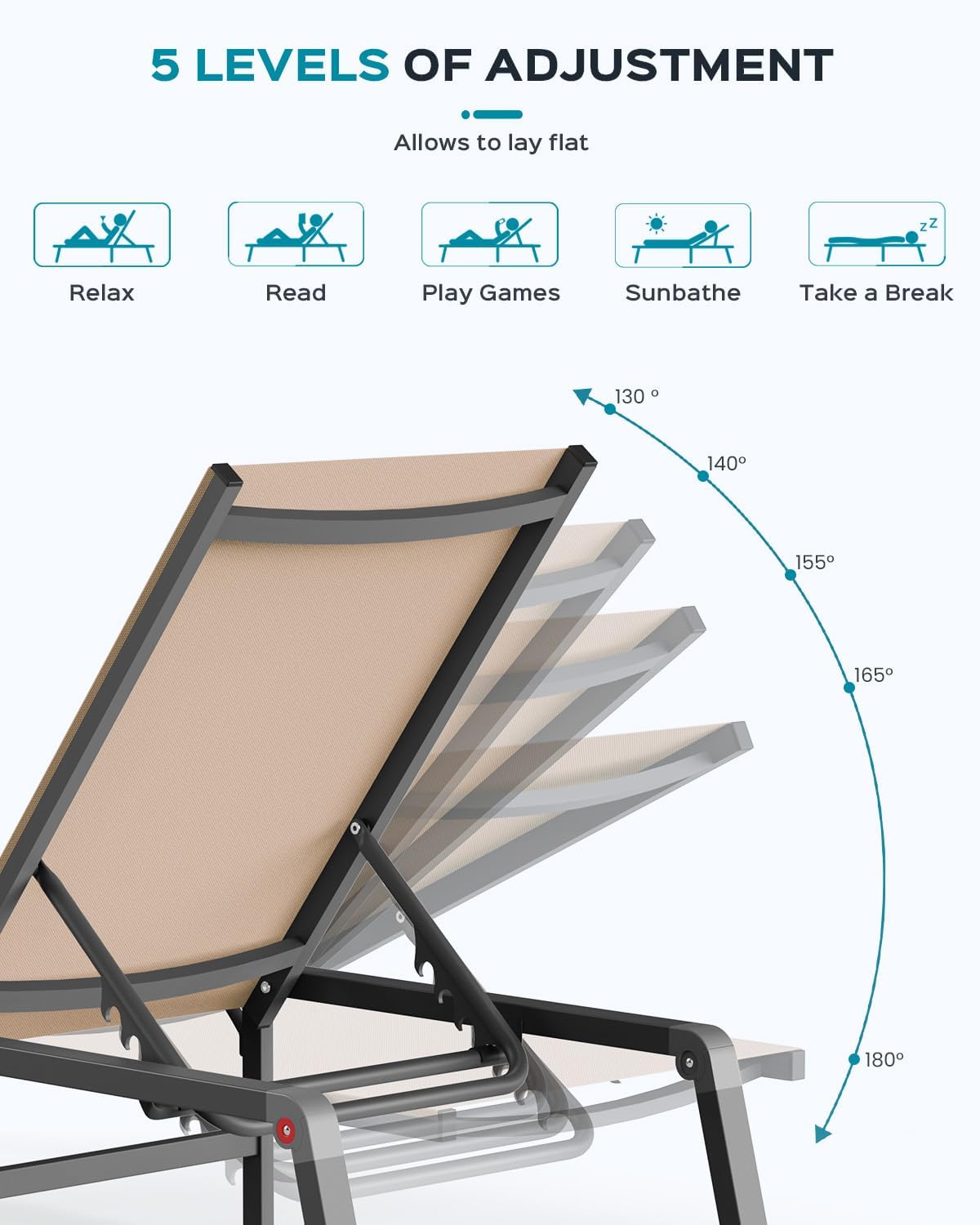 Aluminum Chaise Lounge Outdoor - Foldable & Assemble Free Outdoor Lounge Chair with 5 Positions
