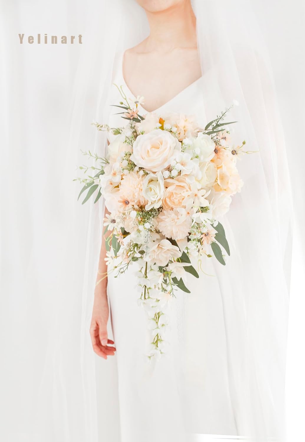 11 Inch Champagne Wedding Bouquets for Bride White Artificial Roses Flower Cascading Bridal Bouquet