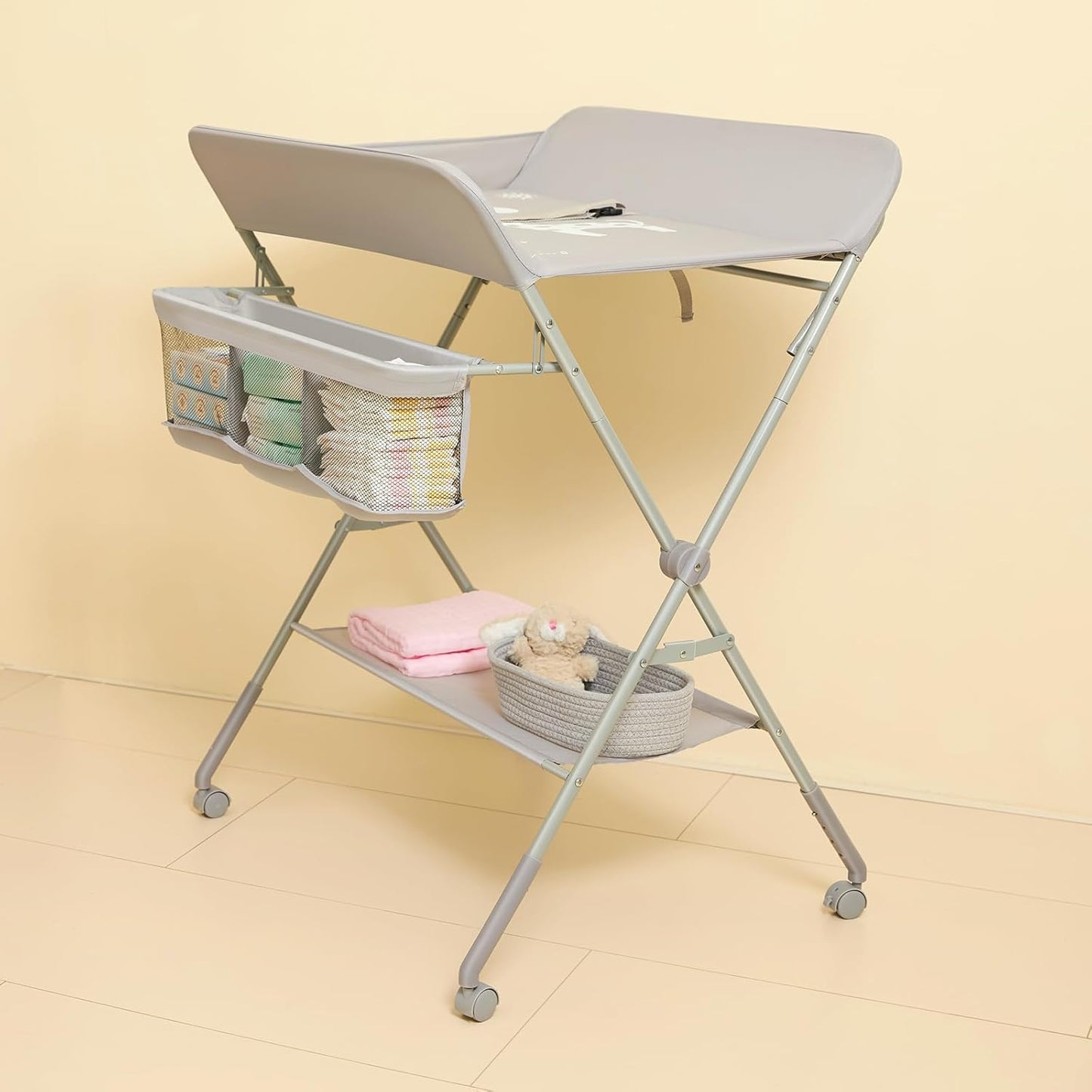 KARAOK Baby Changing Table with Wheels, Portable Diaper Changing Station with 4-Level Height