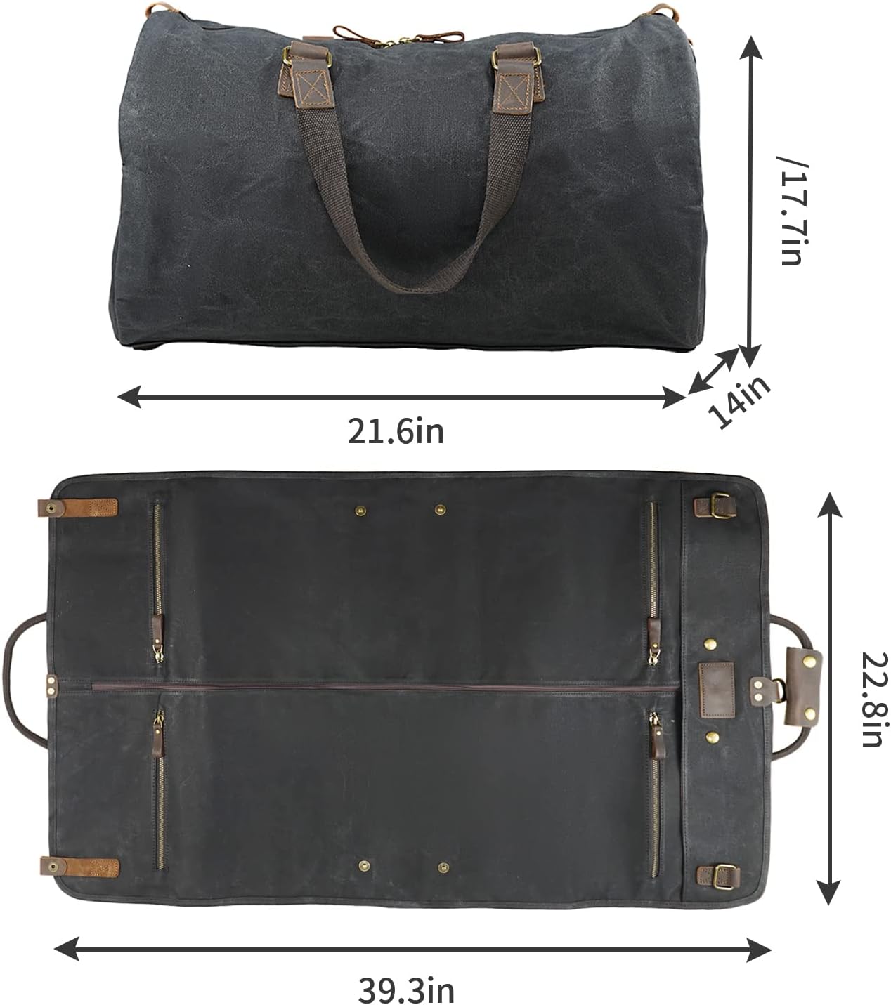 2 in 1 Canvas Leather Suit Luggage Garment Bag with Shoulder Strap for Travel (Waxed Black)