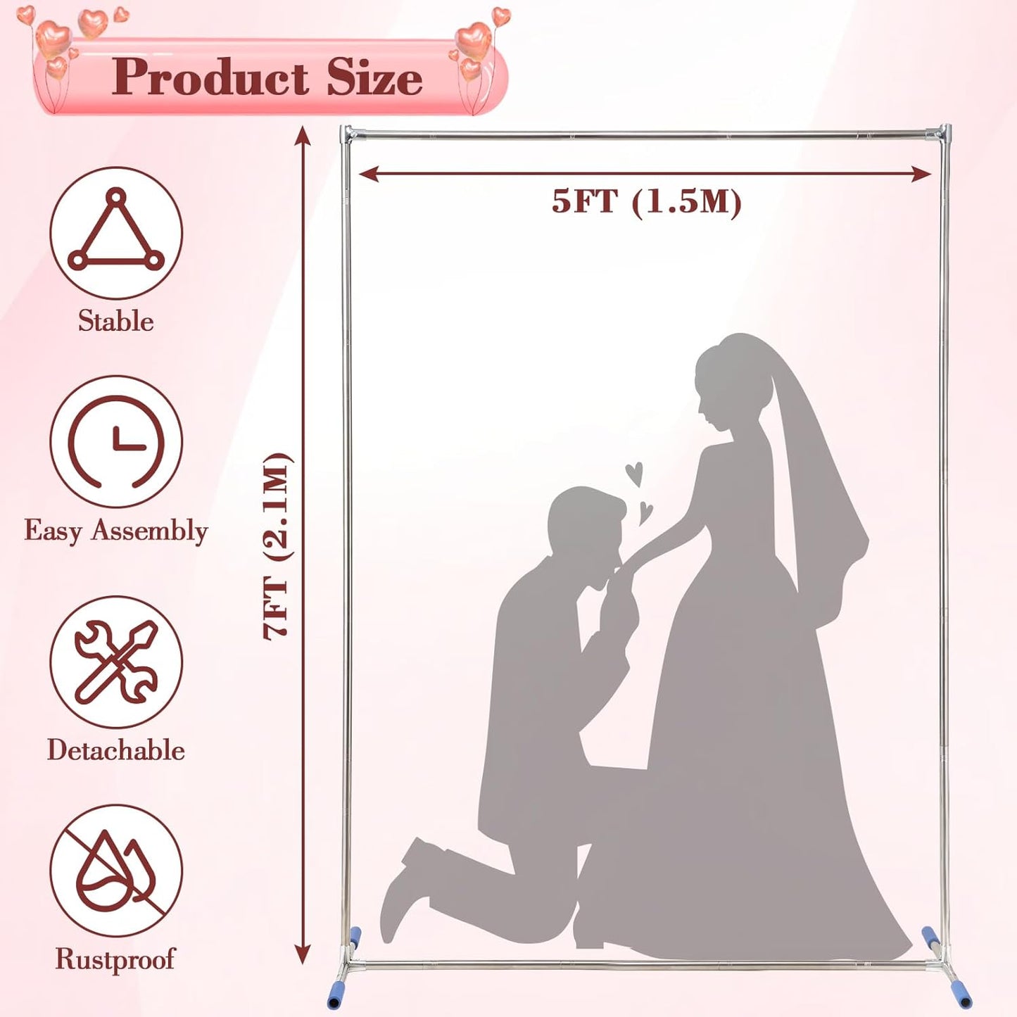 7FT Arch Backdrop Stand, 5FT Wide, Stainless Steel Wedding Arch Stand