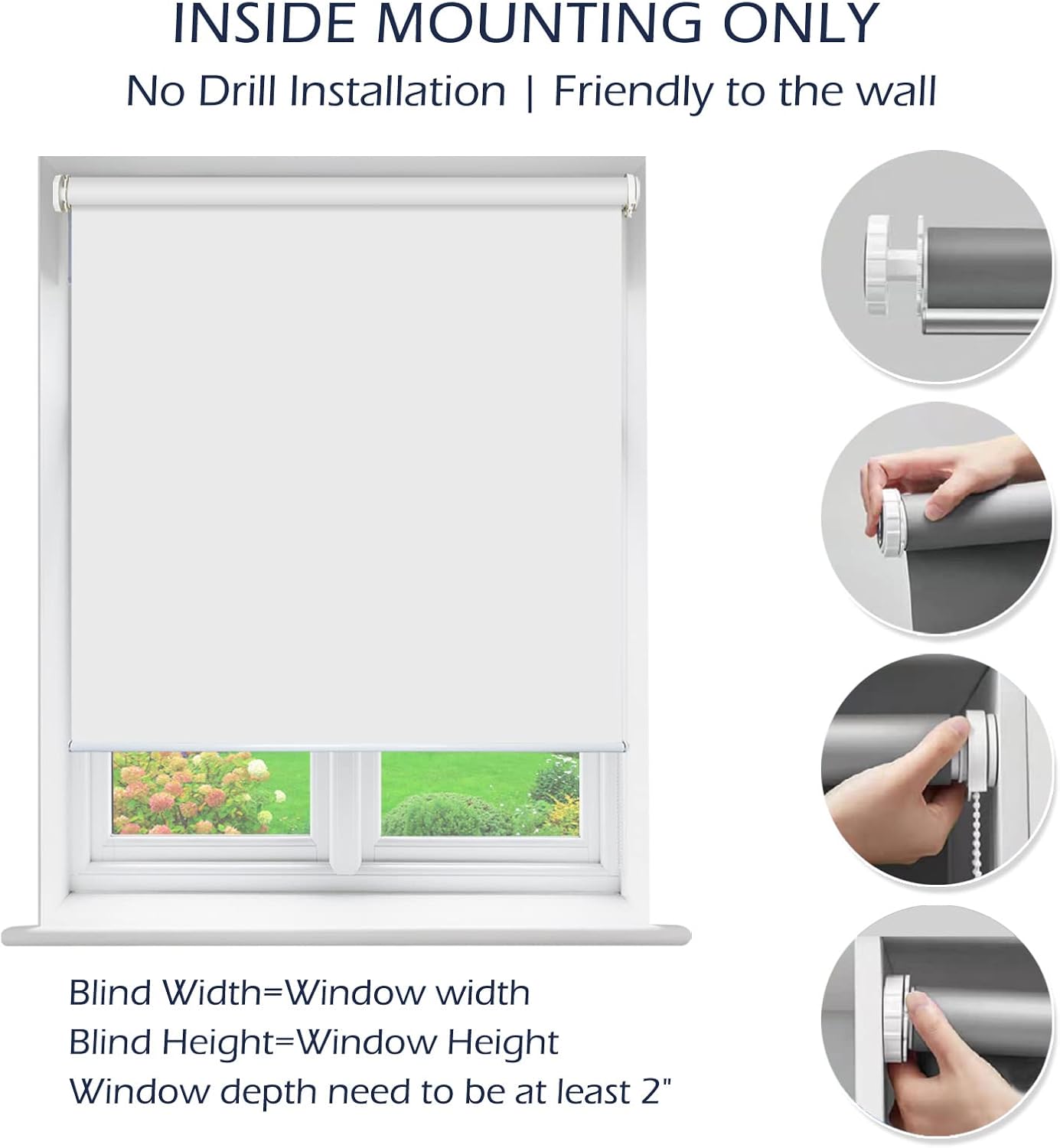 No Drill Inside Mount Blackout Roller Shades Custom Tension Window Blind (28 x 72)
