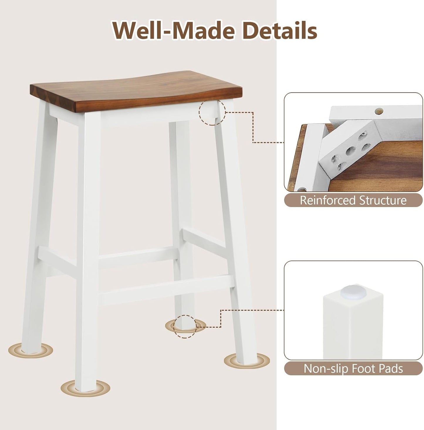 COSTWAY 24.5 Inch Bar Stools Set of 2, Solid Wood Saddle Stools w/Footrests