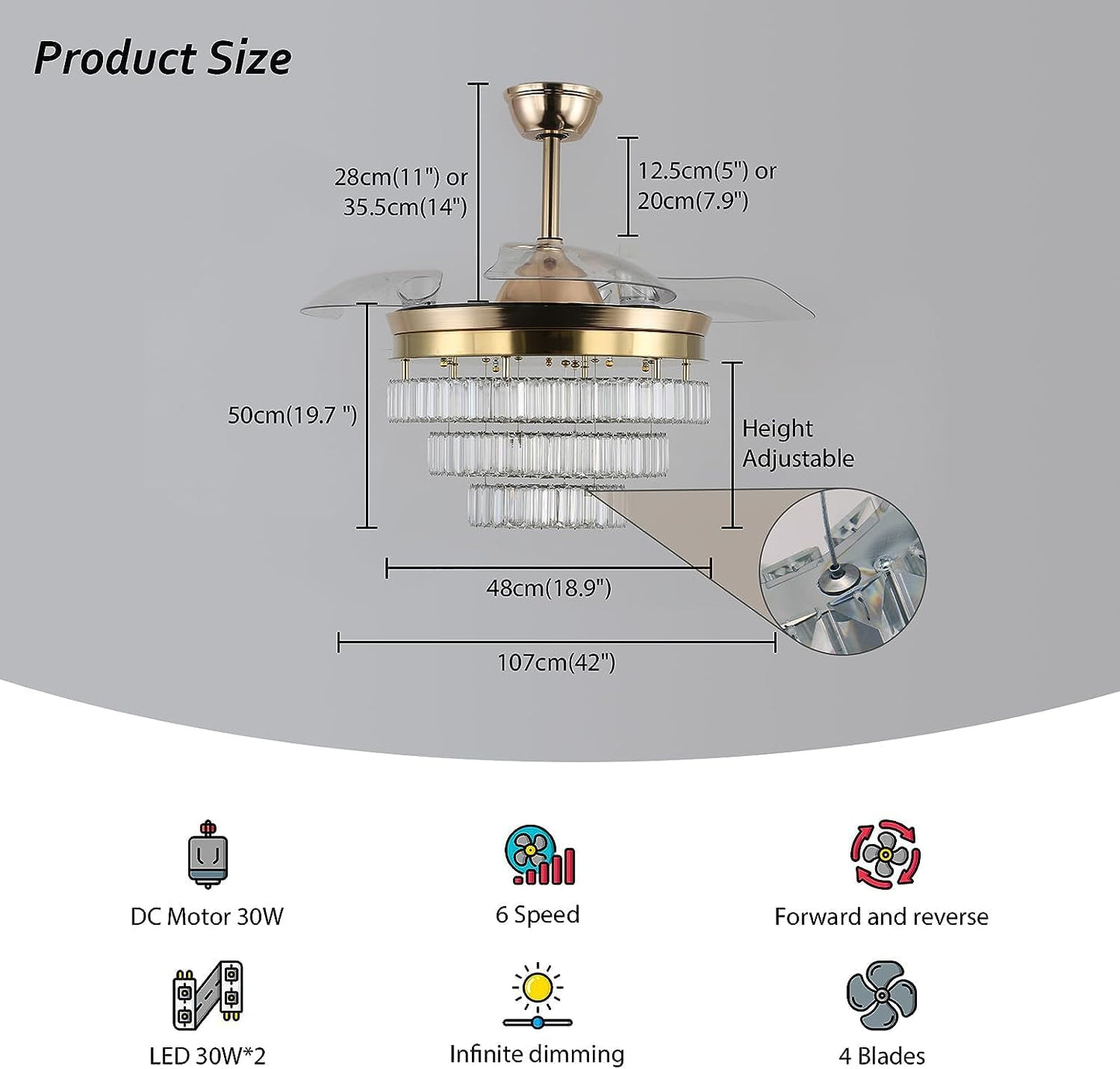 CXGLEAMING 42" Modern Crystal Ceiling Fan Fandelier Gold