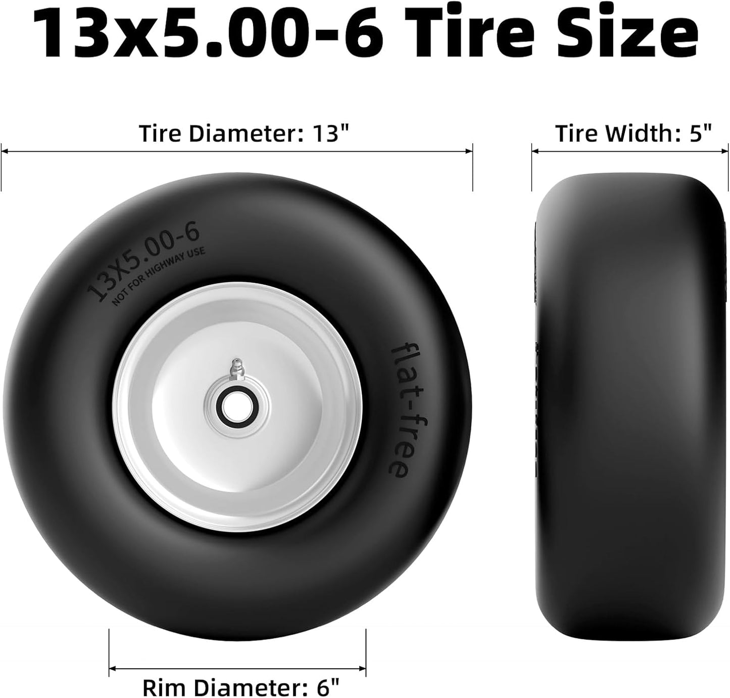 13x5.00-6 Flat Free Lawn Mower Tire and Wheel, 13x5x6 Solid Front Tires for Zero Turn Mower