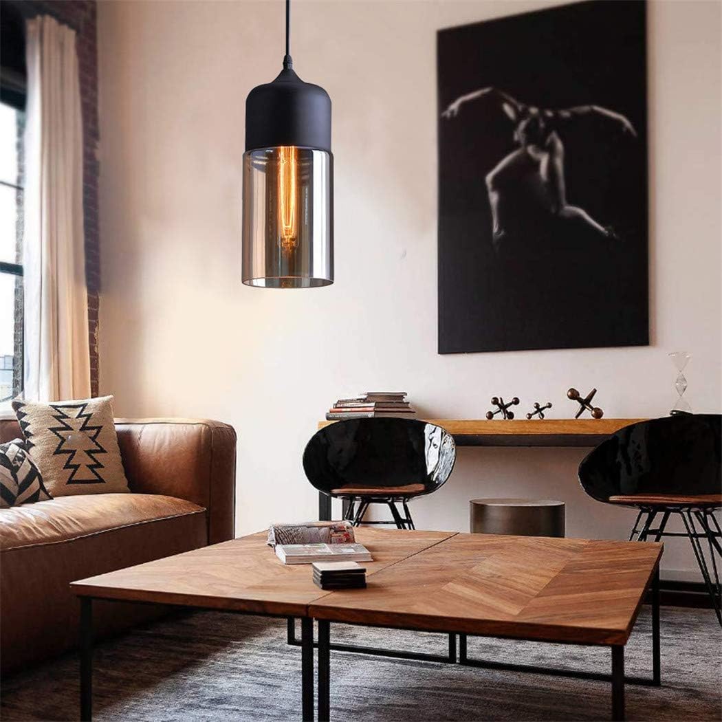 Glass Pendant Light, Black Modern Hanging Lamp with Amber Cylinder Shade