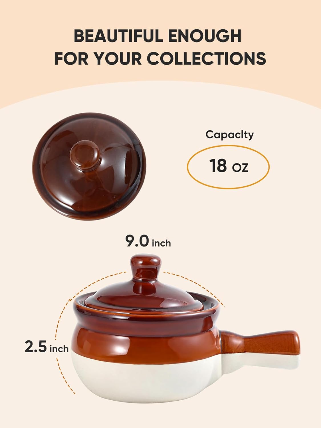 LIFVER French Onion Soup Servers, Ceramic Soups with Handles, 18 OZ Servers for Cereal, Chili, Stew, Sets of 4