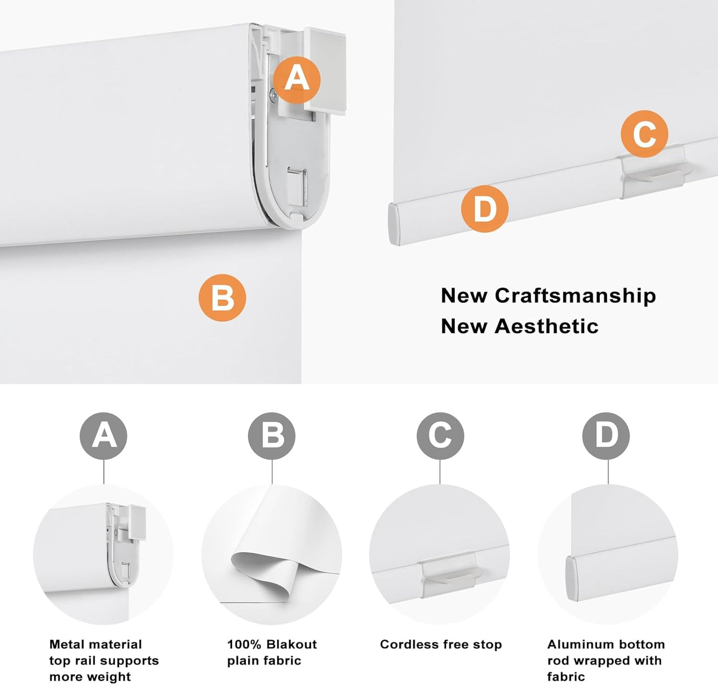 Persilux No Drill No Tools Cordless Roller Shades Blackout Blinds (White, 30" W x 72" H)