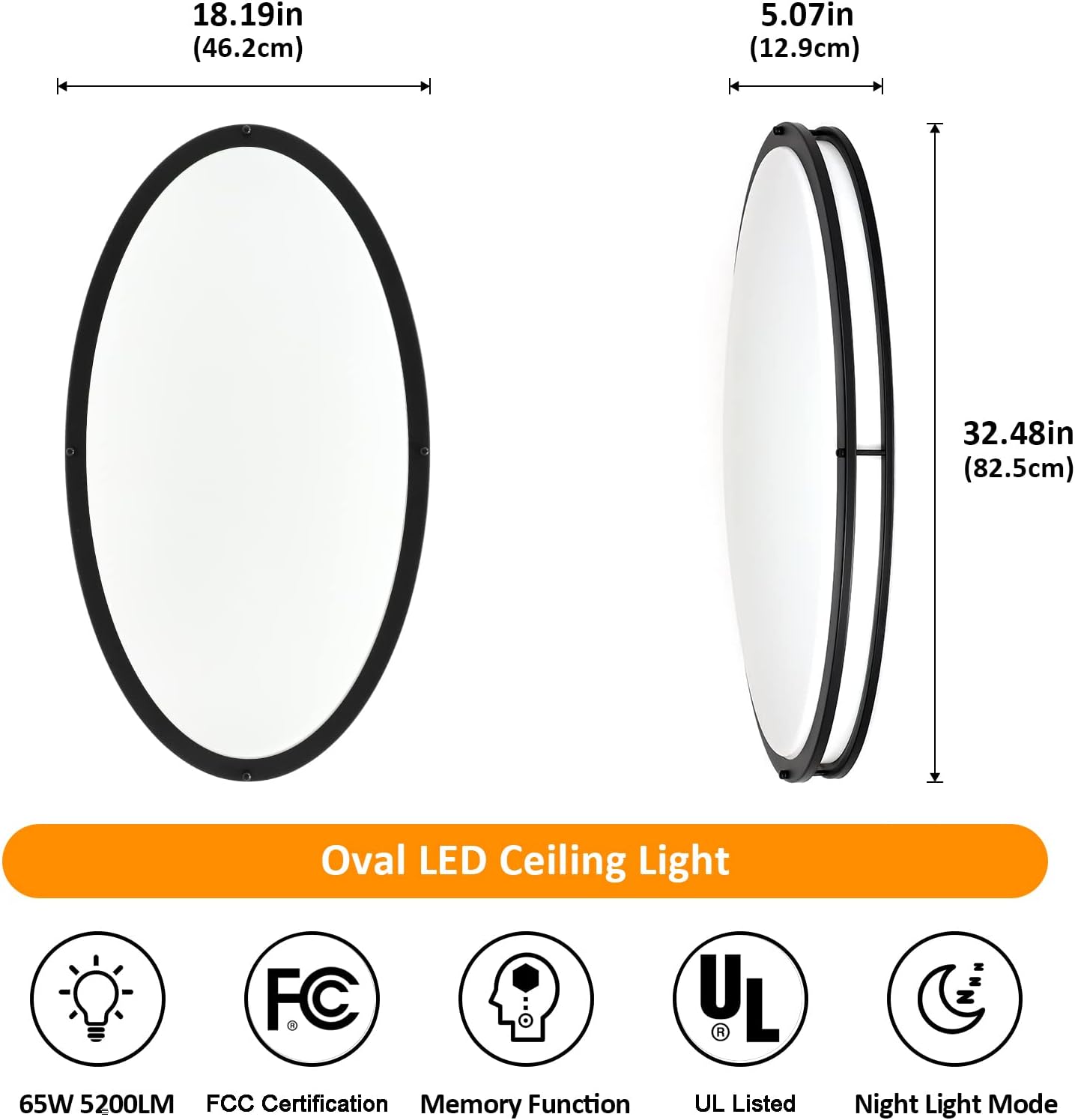DLLT 65W Dimmable LED Flush Mount Ceiling Light with Remote, 32" Oval Black