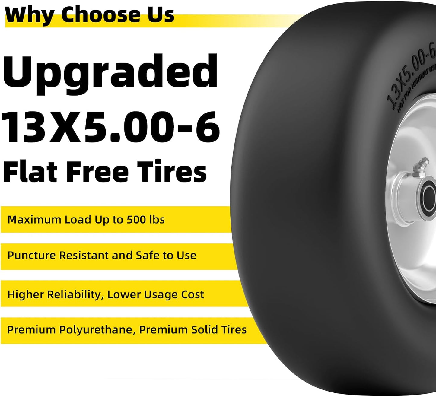 13x5.00-6 Flat Free Lawn Mower Tire and Wheel, 13x5x6 Solid Front Tires for Zero Turn Mower