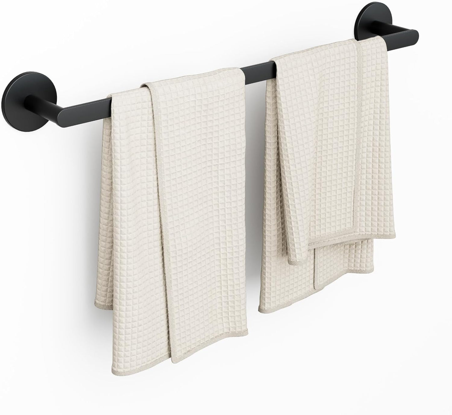 Matte black wall-mounted towel rack with two beige towels hanging on it against a white background.