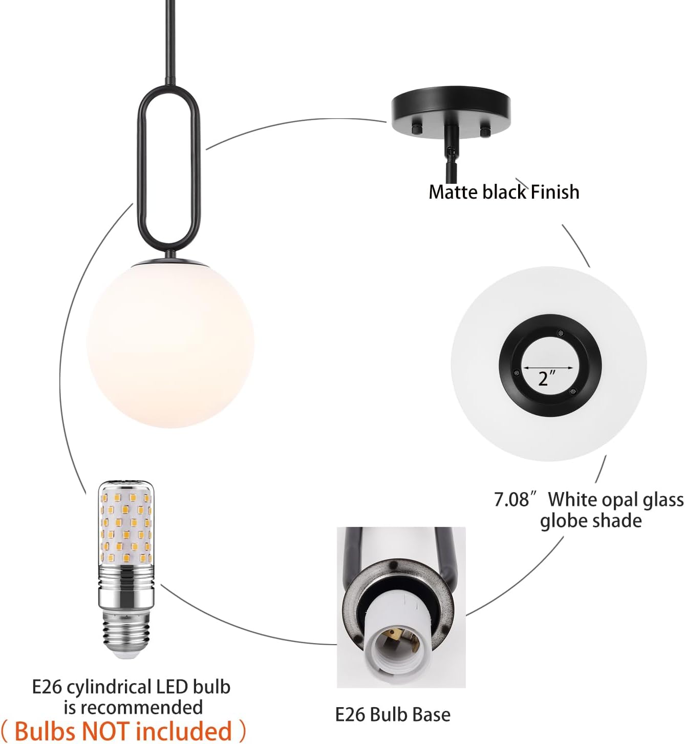 Modern Black Globe Pendant Light Milky White Globe Glass Shade 2 Pack Adjustable